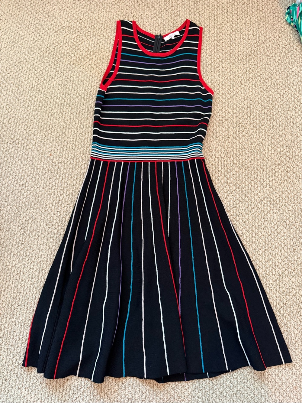 Parker Black Sleeveless Knit Dress with Red Trim and Multicolor Stripes